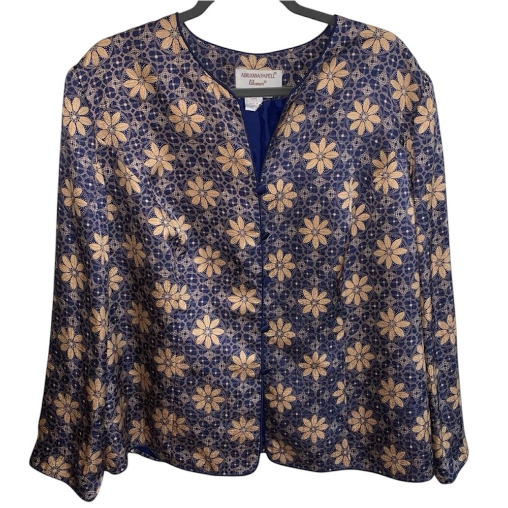 ADRIANNA PAPELL WOMAN Evening Jacket Silk Shell Gold Floral Navy Lined Size 18